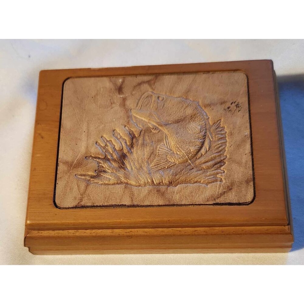 Handcrafted Wooden Playing Card Box With Fish Carving & Bicycle Cards